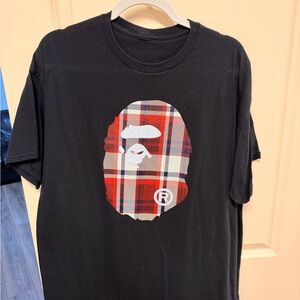 Bape Black Tee with Plaid Ape Head Graphic